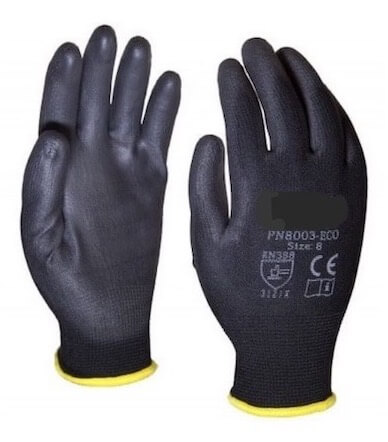 Poliészter kesztyű, PU tenyérmártott, Fekete (12 pár)