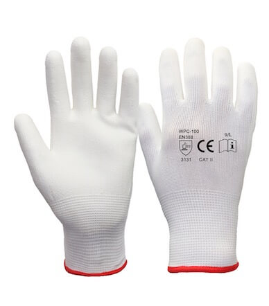 Poliészter kesztyű, PU tenyérmártott, Fehér (12 pár)