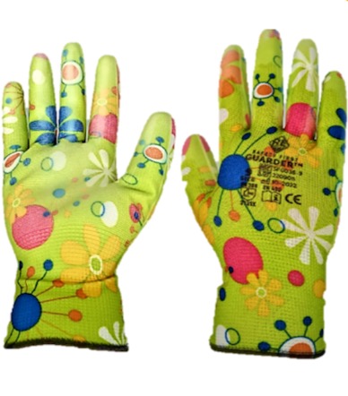 Poliészter kesztyű, PU tenyérmártott, Virágos (1 pár)
