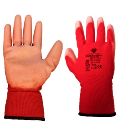 Poliészter kesztyű, PU tenyérmártott, Piros (12 pár)