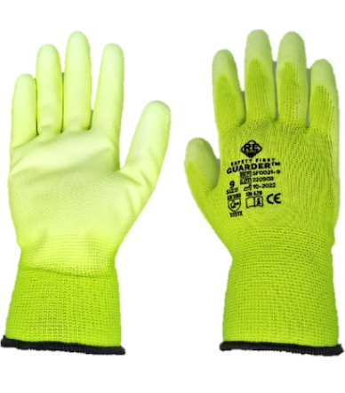 Poliészter kesztyű, PU tenyérmártott, Sárga (12 pár)